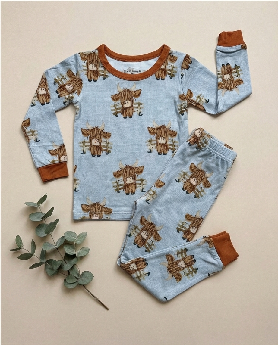 Rust + Sky Highland Herd Two Piece Pajama Set